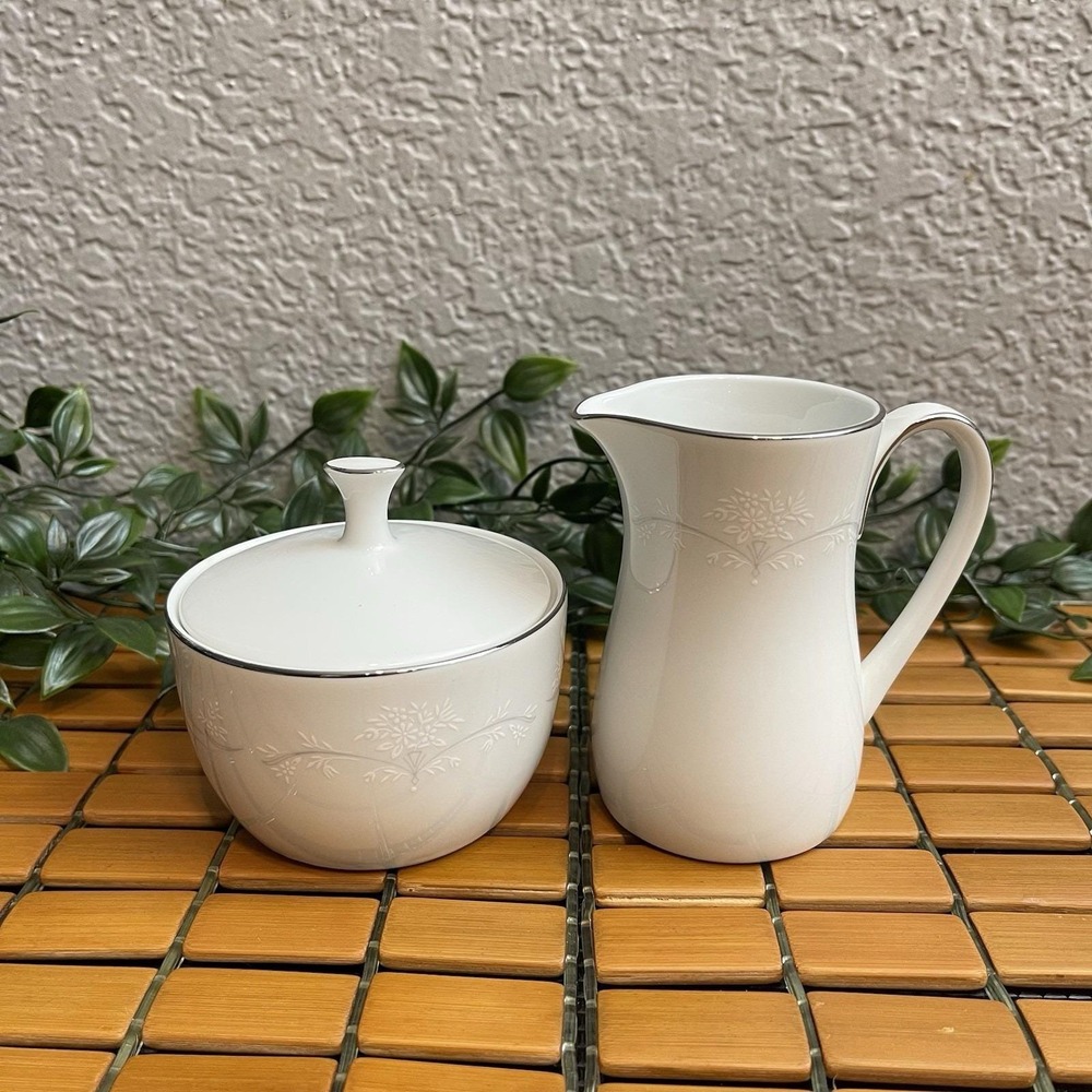 Vintage Noritake Whitebrook 6441 Creamer and Sugar Set White Platinum Trim